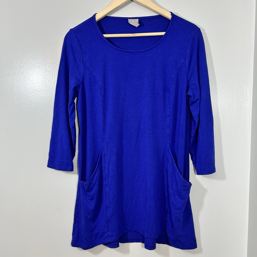 Chico's Tunic Top Womens Sz S Blue Rayon Stretch 3/4 Sleeve Round Neck Pullover
